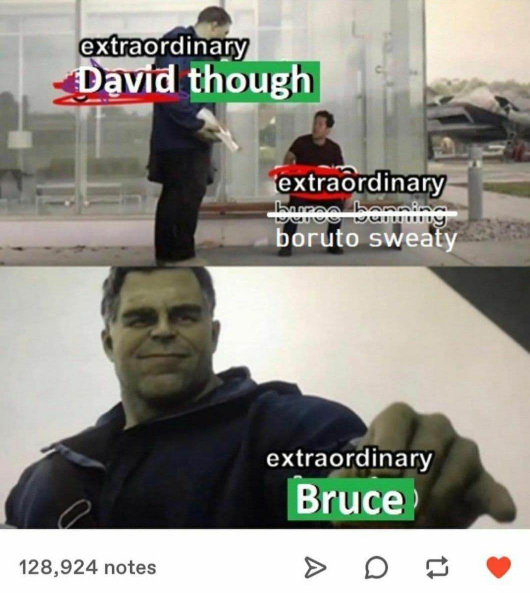 Extraordinary David though Extraordinary Bruce Мем, сравнивающий «экстраординарного» Дэвида и «экстраординарного» Брюса из вселенной комиксов.