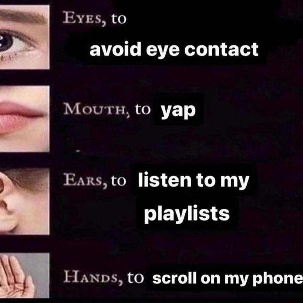Eyes to avoid eye contact Мем с изображением глаза, рта, уха и руки, описывающий их функции: избегать зрительного контакта, болтать, слушать плейлисты и листать телефон.