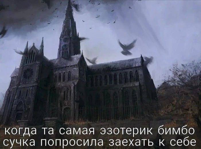 Когда та самая эзотерик бимбо сучка попросила заехать к себе Мрачное готическое здание, напоминающее церковь или замок, с острым шпилем и множеством летящих вокруг птиц, на фоне пасмурного неба. Изображение сопровождается надписью: «когда та самая эзотерик бимбо сучка попросила заехать к себе».