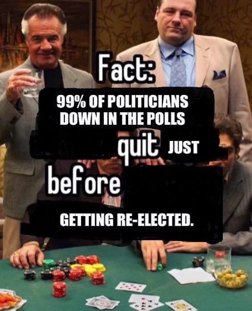 Fact: 99% of politicians down in the polls quit just before getting re-elected Факт: 99% политиков, чей рейтинг упал, уходят в отставку как раз перед переизбранием