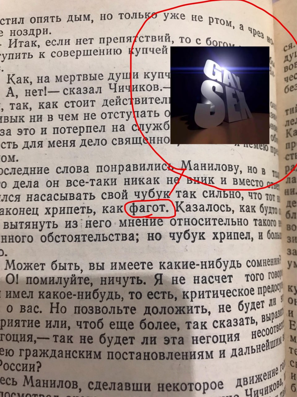 Фагот Gay sex Гоголь Мёртвые души Скриншот страницы из книги Гоголя «Мёртвые души» со словом «фагот» и обрезанной картинкой, где написано «Gay sex»