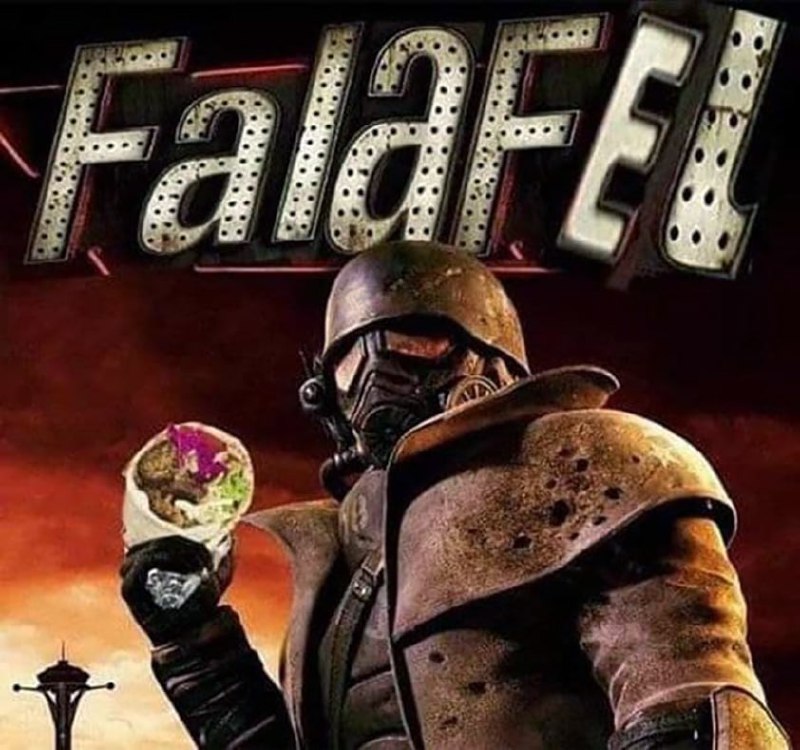Фалафел! Мем с героем из «Fallout: New Vegas» с фалафелем в руке, а над ним надпись «Falafel!»
