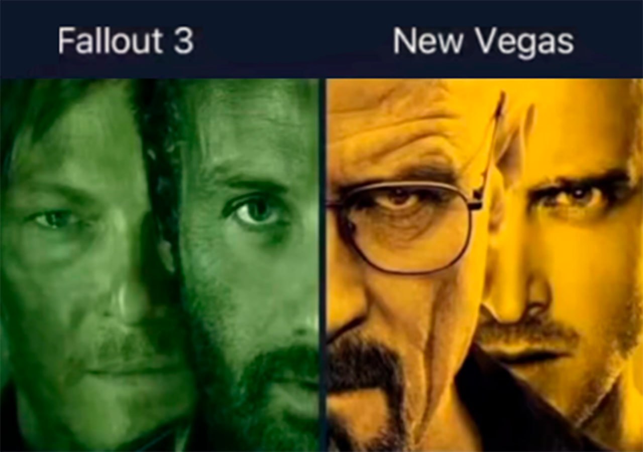 Fallout 3 и New Vegas с персонажами Во все тяжкие Мем со сравнением Fallout 3 и New Vegas с лицами Уолтера Уайта, Джесси Пинкмана, Дэрила Диксона и Рика Граймса