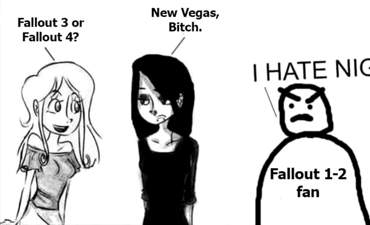 Fallout 3 или Fallout 4 New Vegas Bitch Мем с тремя персонажами, которые обсуждают лучшие части игры Fallout.