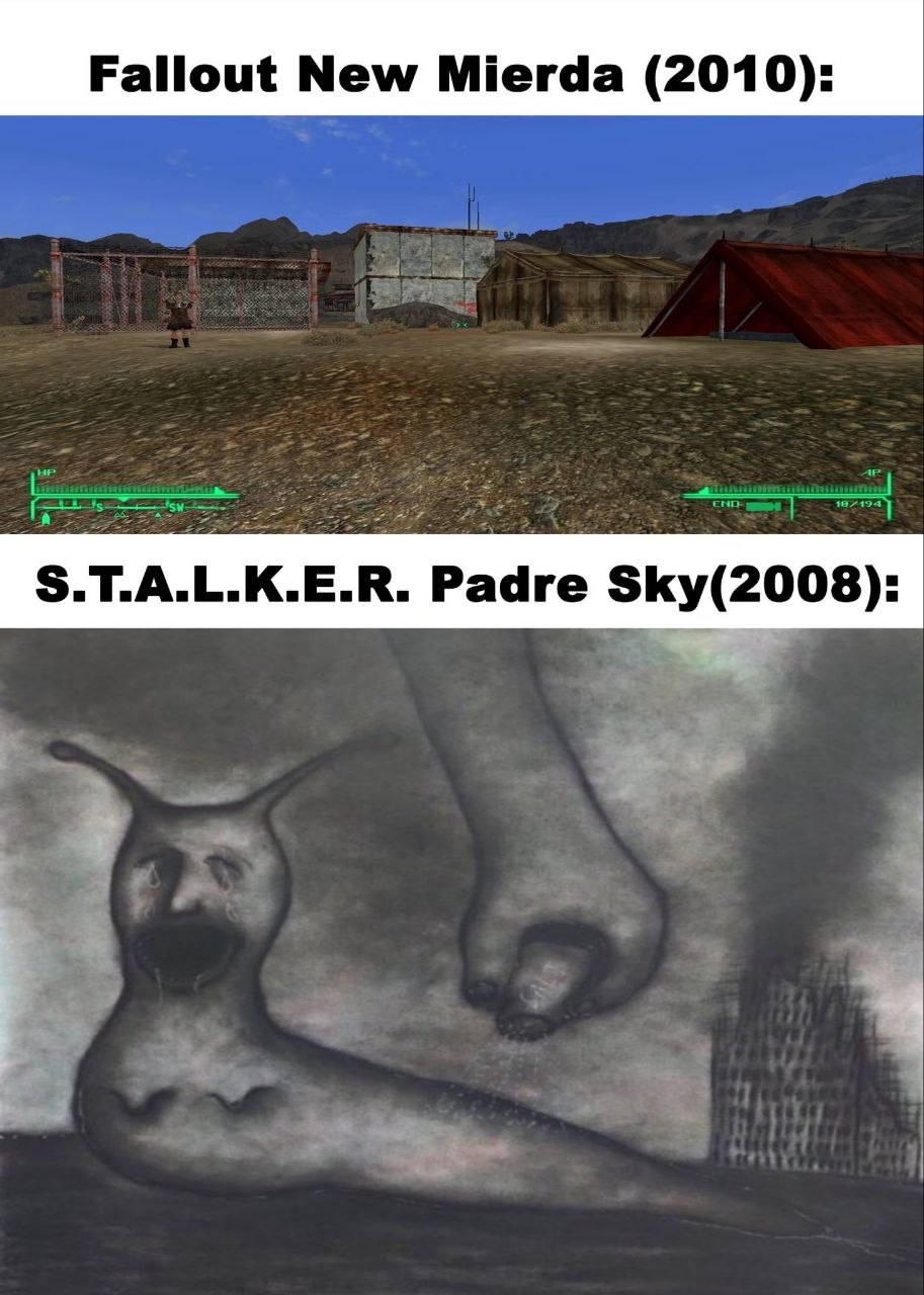 Сравнение Fallout New Mierda и S.T.A.L.K.E.R. Padre Sky: пустынная локация Fallout против странного сюрреалистичного изображения.