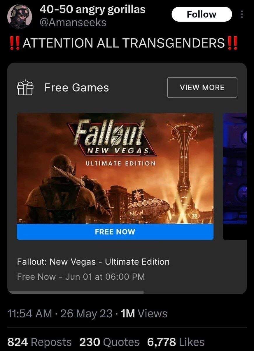 Пост с обращением «ATTENTION ALL TRANSGENDERS» и рекламой бесплатной раздачи Fallout: New Vegas — Ultimate Edition.