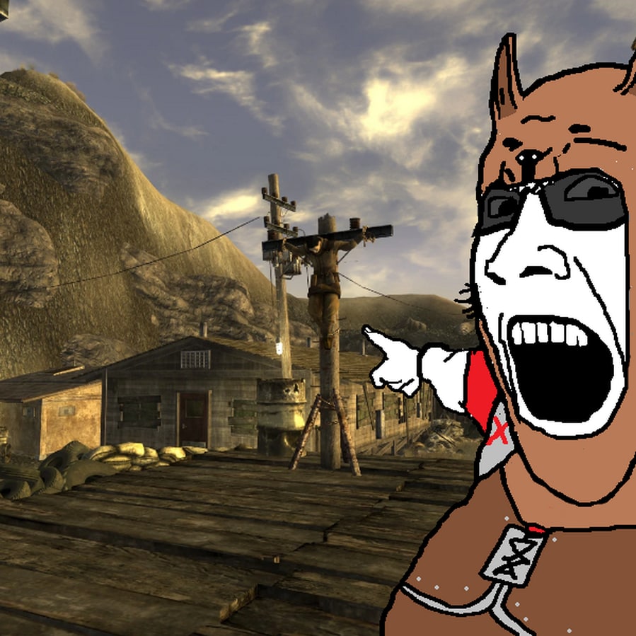 Fallout New Vegas: собачий крик Персонаж из игры Fallout New Vegas в стилистике вояка-мема кричит и указывает пальцем на распятого человека на столбе.
