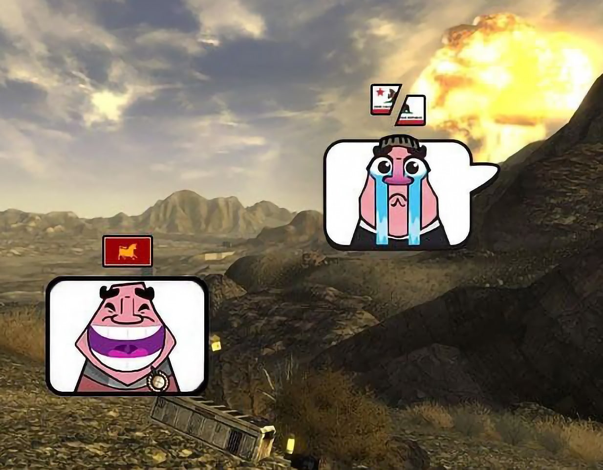 Мем с эмоциями из Clash Royale на фоне Fallout New Vegas Эмодзи из Clash Royale на фоне Пустоши Мохаве из Fallout: New Vegas