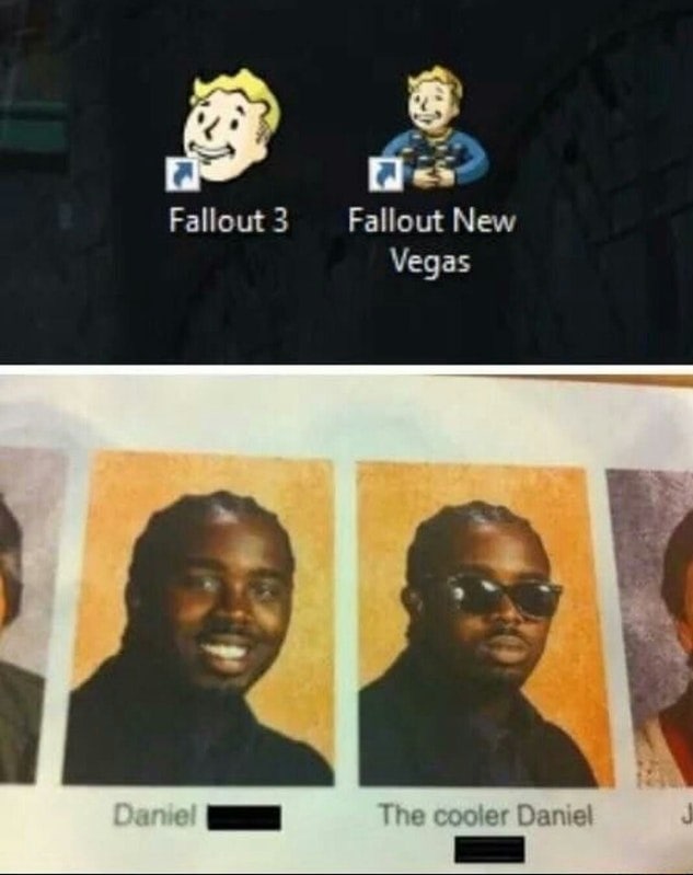 Fallout New Vegas против Fallout 3 Дэниел Мем, где сравниваются иконки Fallout 3 и Fallout New Vegas с фотографиями двух чернокожих мужчин, один из которых Дэниел, а другой более крутой Дэниел, указывая на превосходство второй игры.