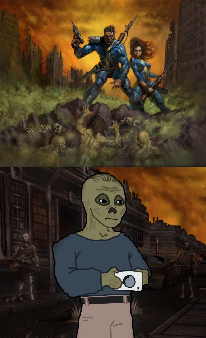 Fallout Shelter vs Fallout, классический Fallout Мем, сравнивающий суровую реальность постапокалиптического мира классических игр Fallout с более безобидной игрой Fallout Shelter.