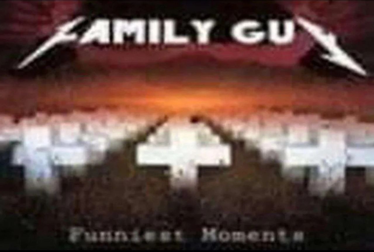 Family Guy Funniest Moments с крестами Мем с обложкой Family Guy Funniest Moments, пародирующий альбом Master of Puppets Metallica с рядами крестов и драматическим закатом.