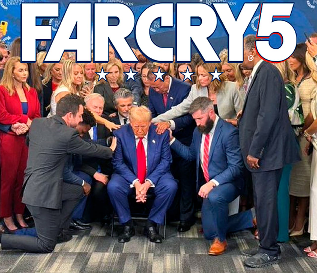 Far Cry 5 Дональд Трамп Мем с Дональдом Трампом и надписью Far Cry 5 наложенной на изображение, где его окружают и касаются руками люди