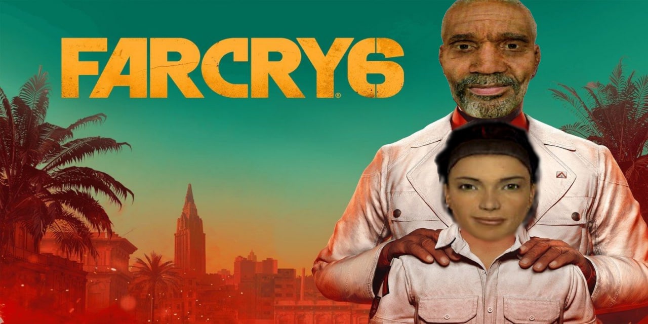 Мем Far Cry 6 с мужчиной и девушкой Мем с изображением персонажей, похожих на G-Man и Аликс Вэнс из Half-Life 2, на фоне обложки Far Cry 6