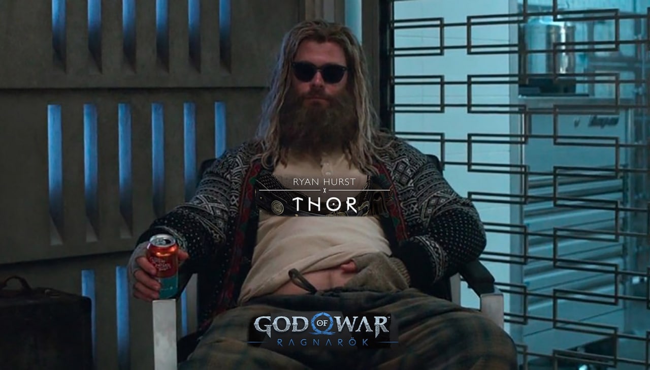 Толстый Тор Райан Херст God of War Рагнарёк Толстый Тор в очках с банкой пива и надписями God of War Ragnarök