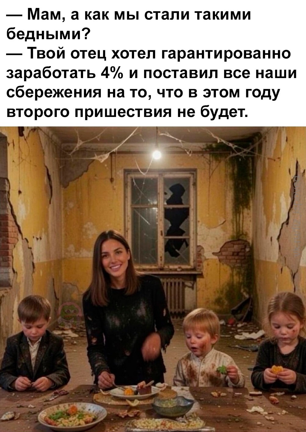 Семья обедает в полуразрушенном доме после того, как отец вложил все сбережения под гарантированные 4% в ожидание второго пришествия.
