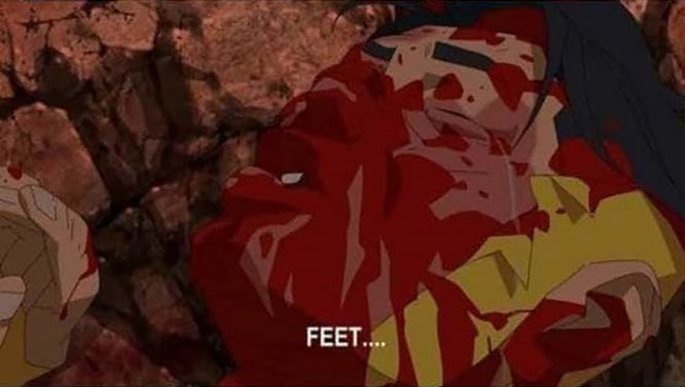 Мем Feet Мем с избитым персонажем и надписью «FEET…»
