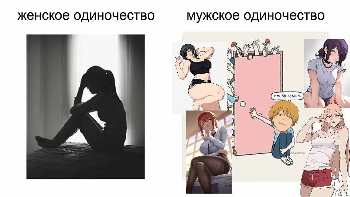 Сравнение женского и мужского одиночества: задумчивая девушка и парень, окружённый аниме-девушками с табличкой «I'm so lonely».