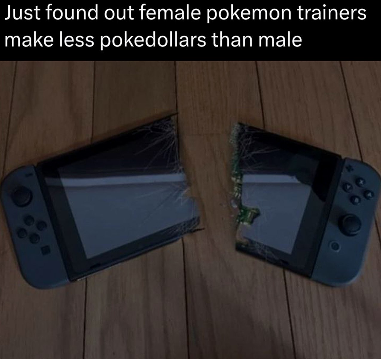 Женские тренеры покемонов зарабатывают меньше Мем про сломанную консоль Nintendo Switch из-за того, что женские тренеры покемонов зарабатывают меньше, чем мужские