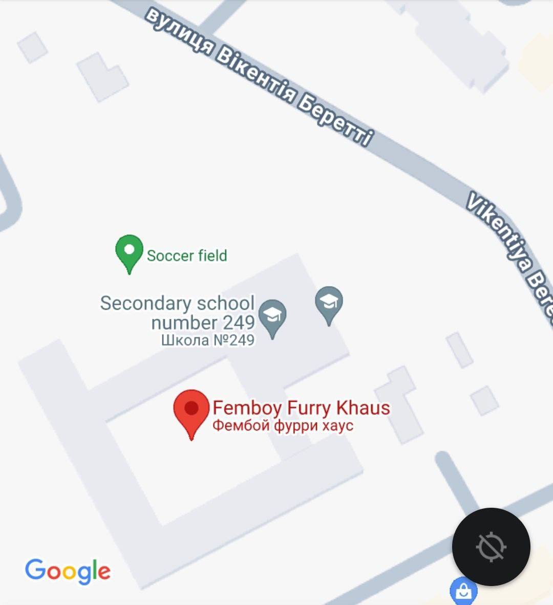 Фембой фурри хаус на карте Google Maps Скриншот карты Google Maps, на котором показано местоположение «Фембой Фурри Хаус» рядом со школой.
