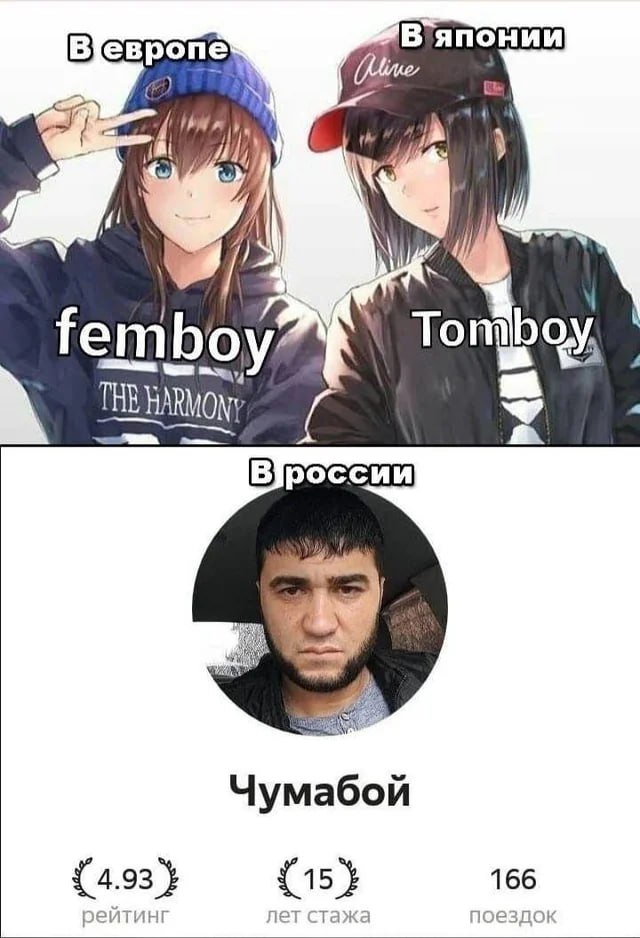 Фембой, томбой, чумабой Мем с Фембоем в Европе, Томбоем в Японии и Чумабоем в России