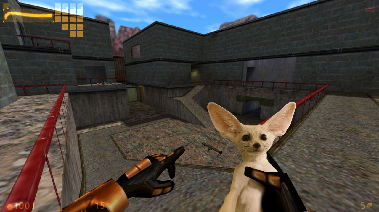 Фенек из Half-Life с дробовиком Мем с фенеком в локации из игры Half-Life, держащим дробовик.