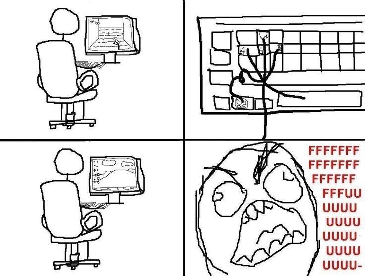 FFFUUU rage comic Классический комикс FFFUUU о пользователе, который играет в игру и не может нажать нужную кнопку на клавиатуре из-за лага или зависания.