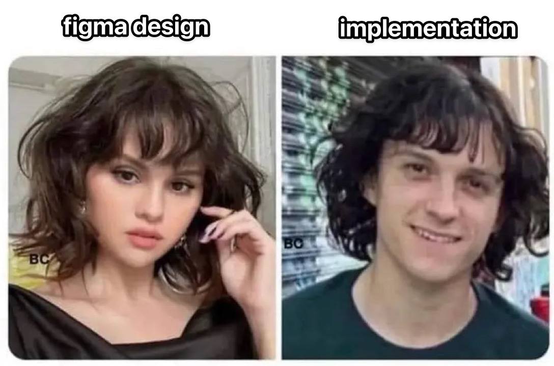 Figma design vs implementation Мем "Figma design vs implementation" с Селеной Гомес и Томом Холландом