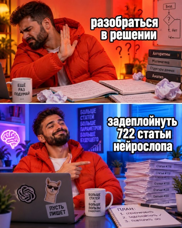 Мужчина отказывается разбираться в сложном решении и радостно выбирает задеплоить 722 статьи нейрослопа.