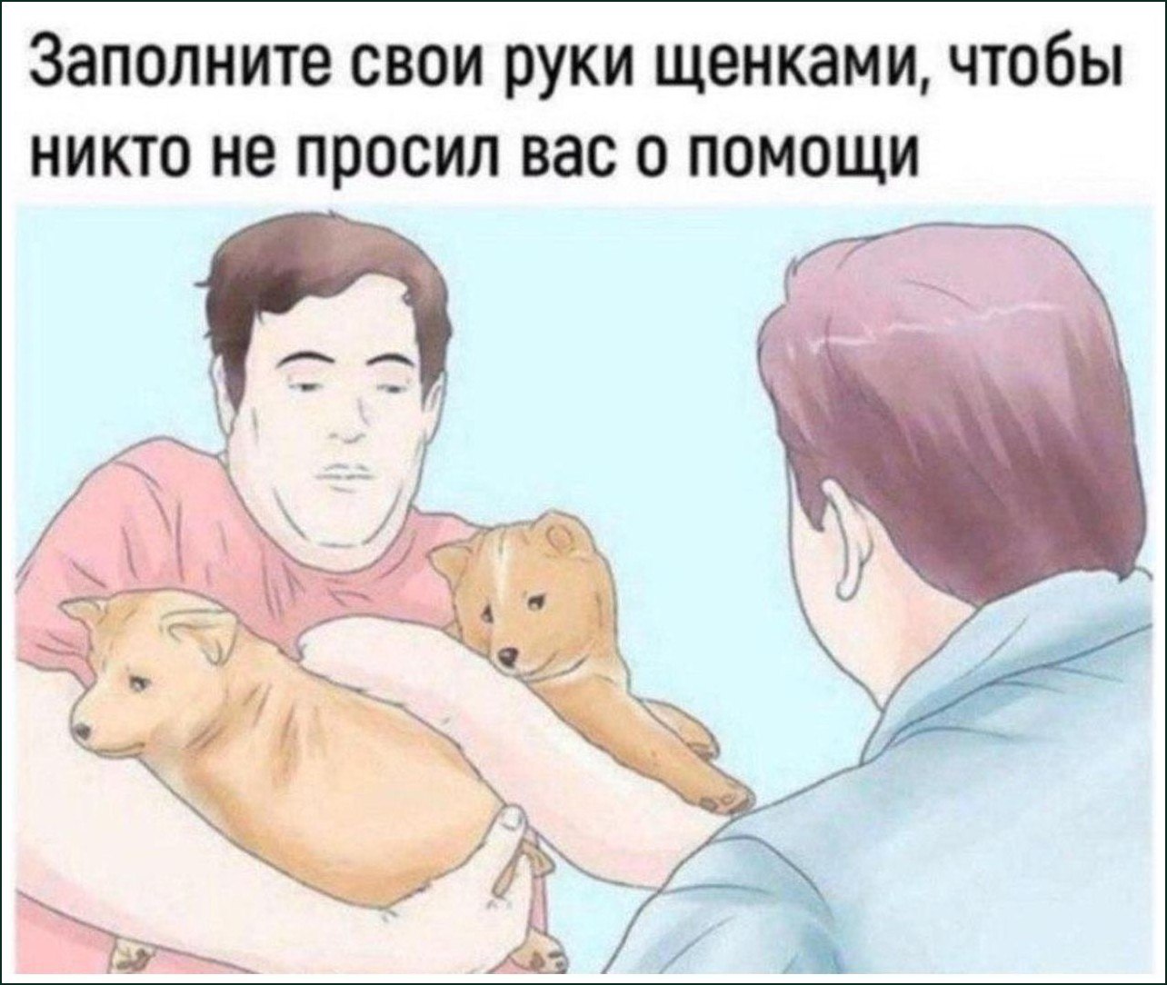 Мужчина держит на руках несколько щенков, чтобы никто не просил его о помощи.