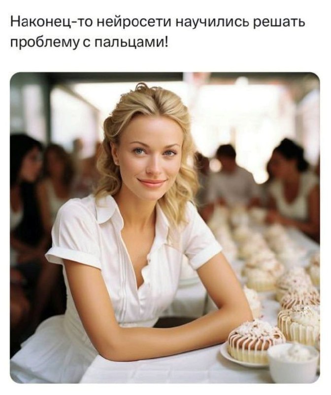 Наконец-то нейросети научились решать проблему с пальцами Красивая блондинка с идеальными руками и кексами на столе, с надписью про решение проблемы с пальцами нейросетями