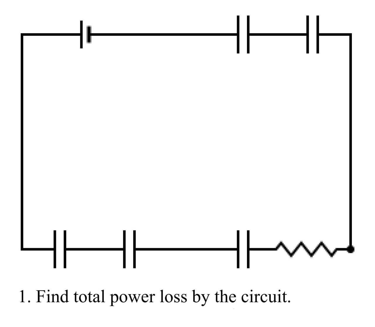Find total power loss by the circuit Схема электрической цепи с источником постоянного тока, конденсаторами и резистором, а также задание найти общую потерю мощности в цепи.