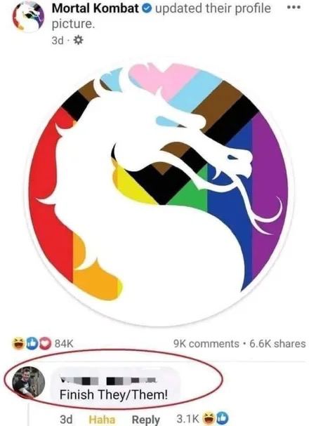 Finish They/Them! Mortal Kombat Мем с комментарием под радужной аватаркой Mortal Kombat с надписью «Finish They/Them!»