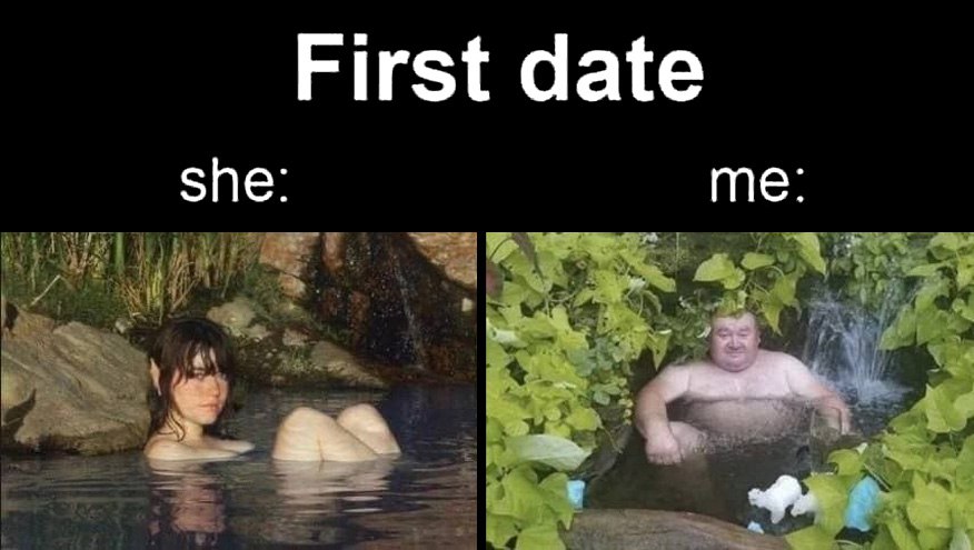 First date Мем "Первое свидание" с красивой девушкой и упитанным мужчиной в воде