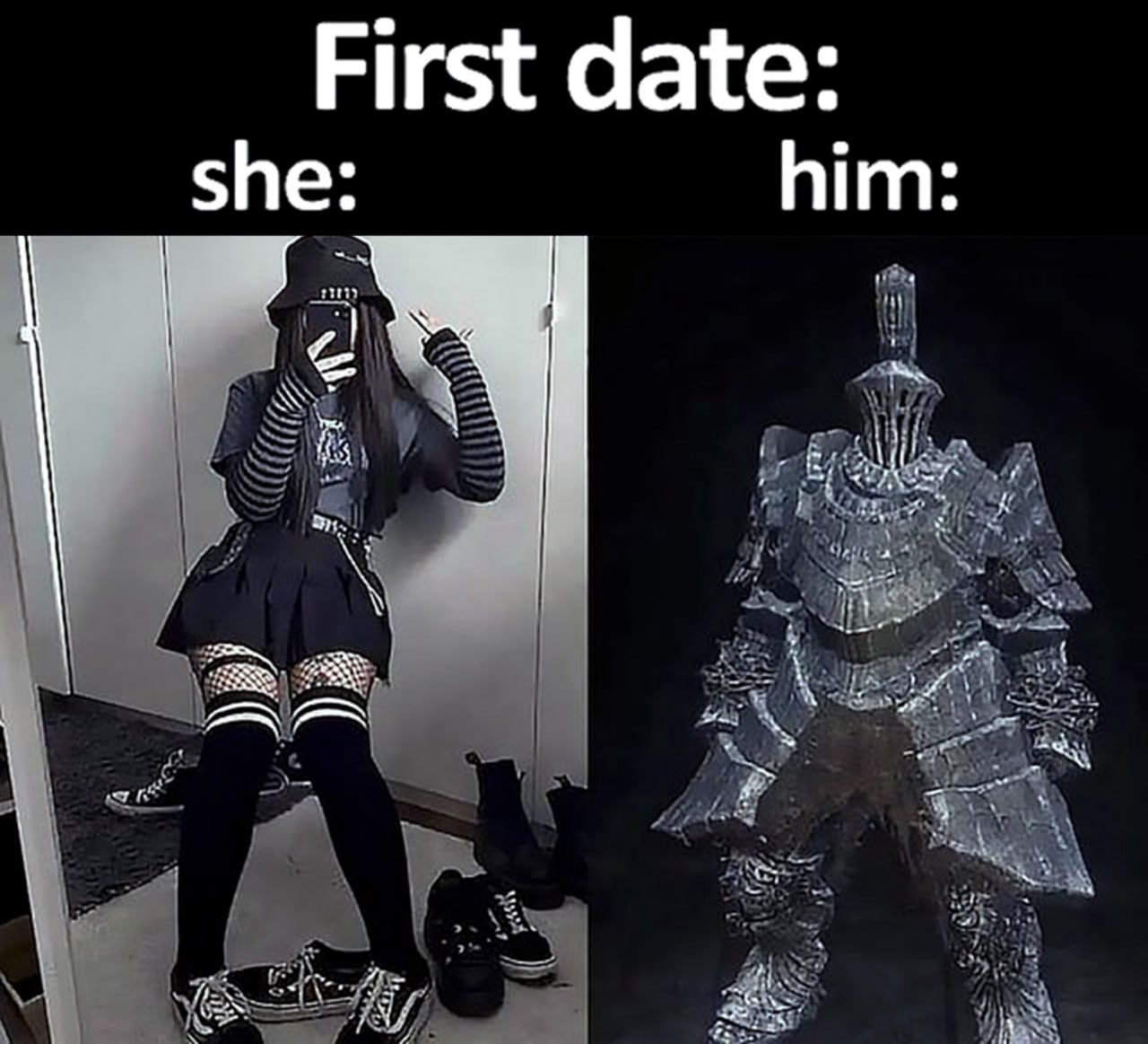 First date: she: him: Мем про то, как девушка готовится к первому свиданию, а парень представляет себя рыцарем в доспехах
