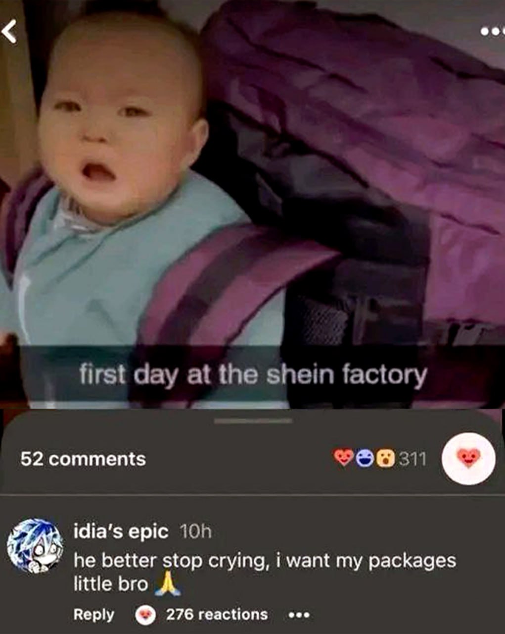 First day at the Shein factory Младенец в рюкзаке с надписью «First day at the Shein factory»