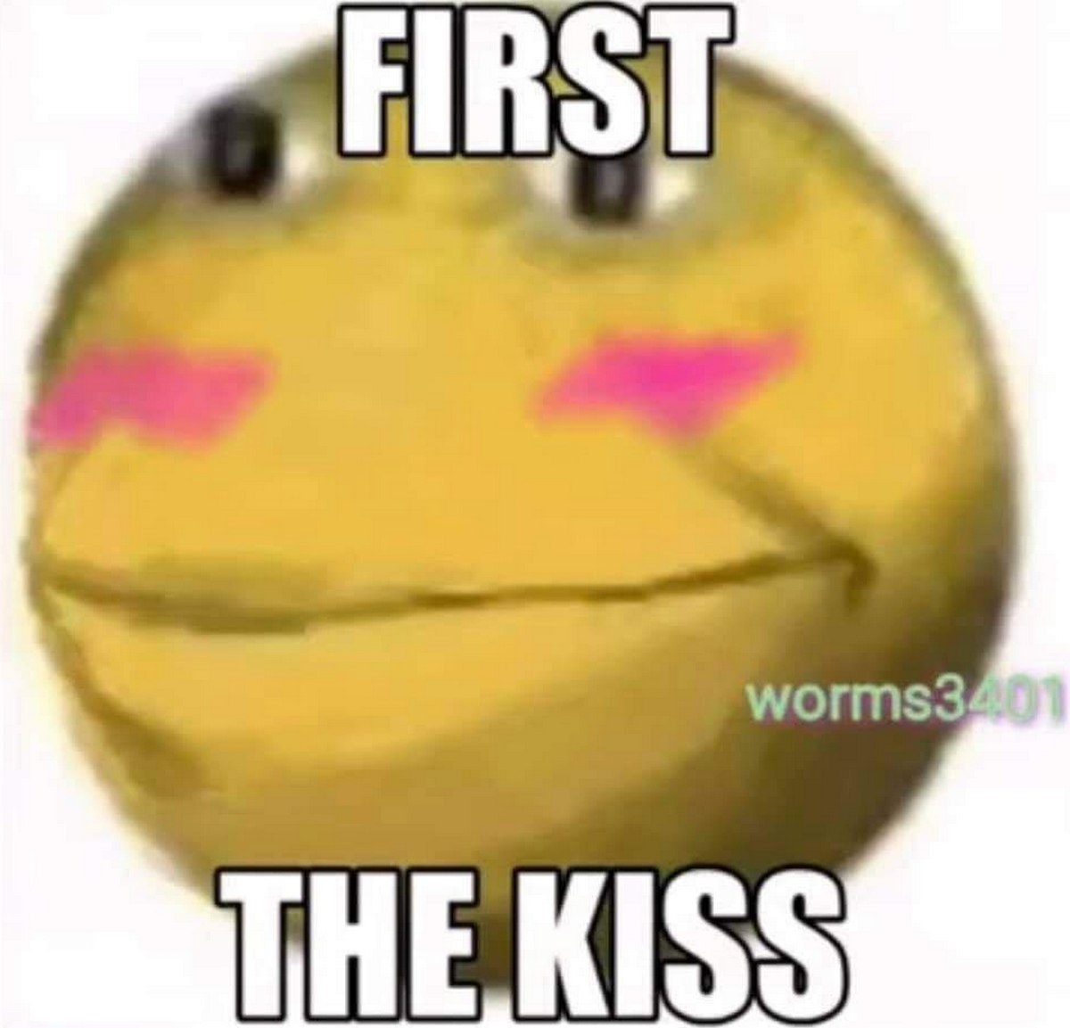 First the kiss Мем с желтым смущенным лицом и надписью First the kiss