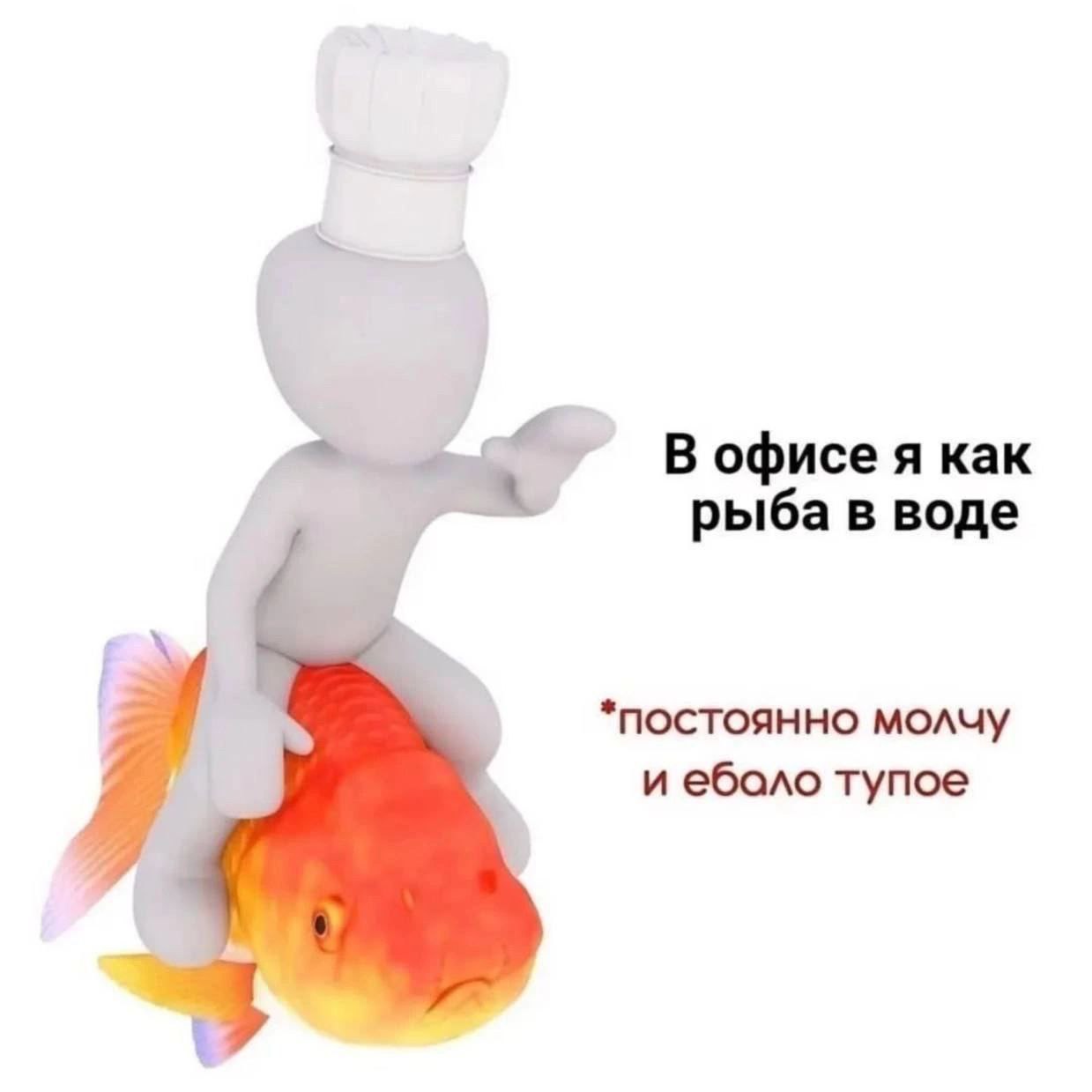 В офисе я как рыба в воде Мем про человечка-повара, сидящего на золотой рыбке с надписью «В офисе я как рыба в воде»