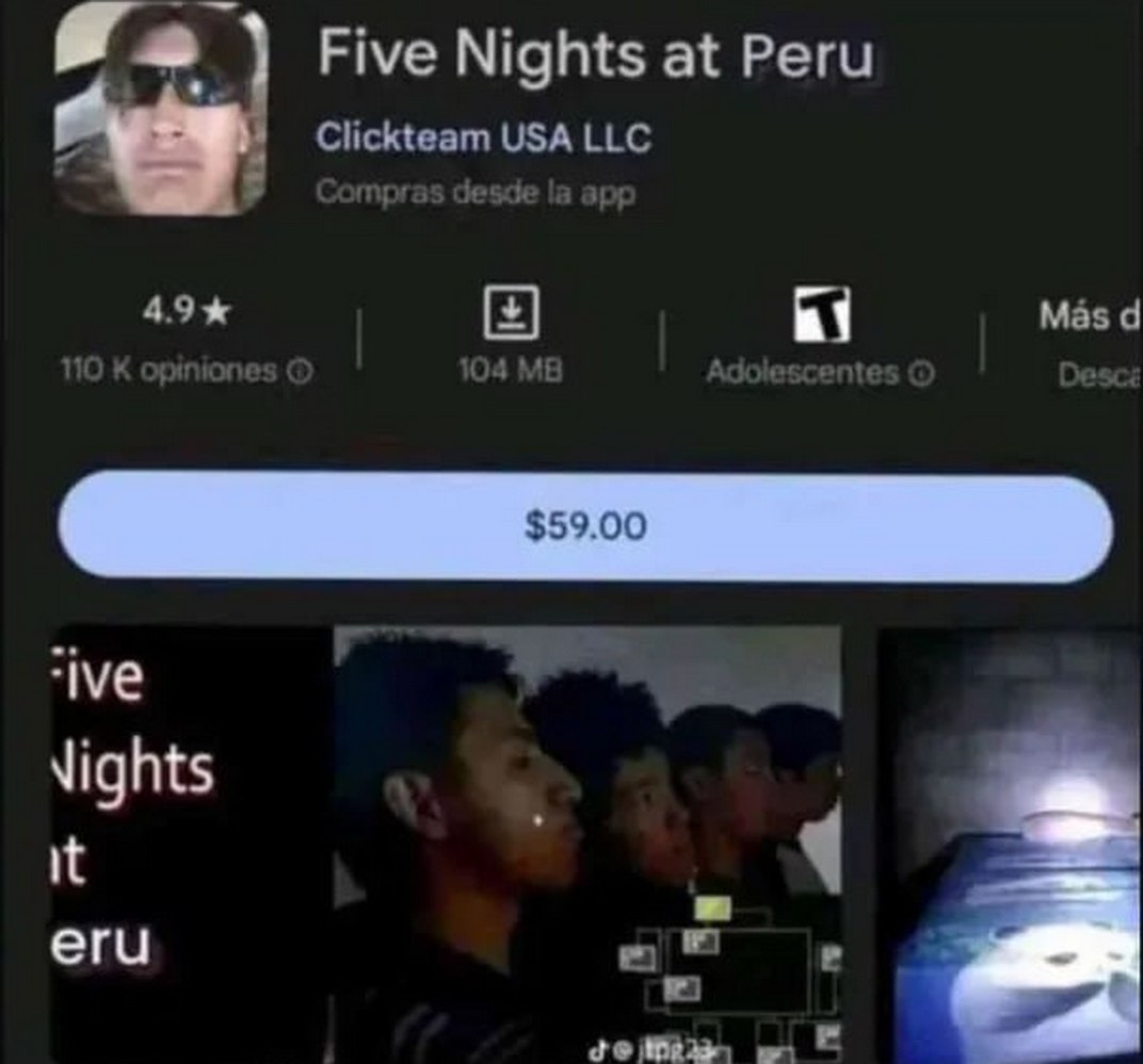 Five Nights at Peru Скриншот страницы приложения с игрой «Five Nights at Peru» из магазина приложений, пародирующей знаменитую хоррор-игру.