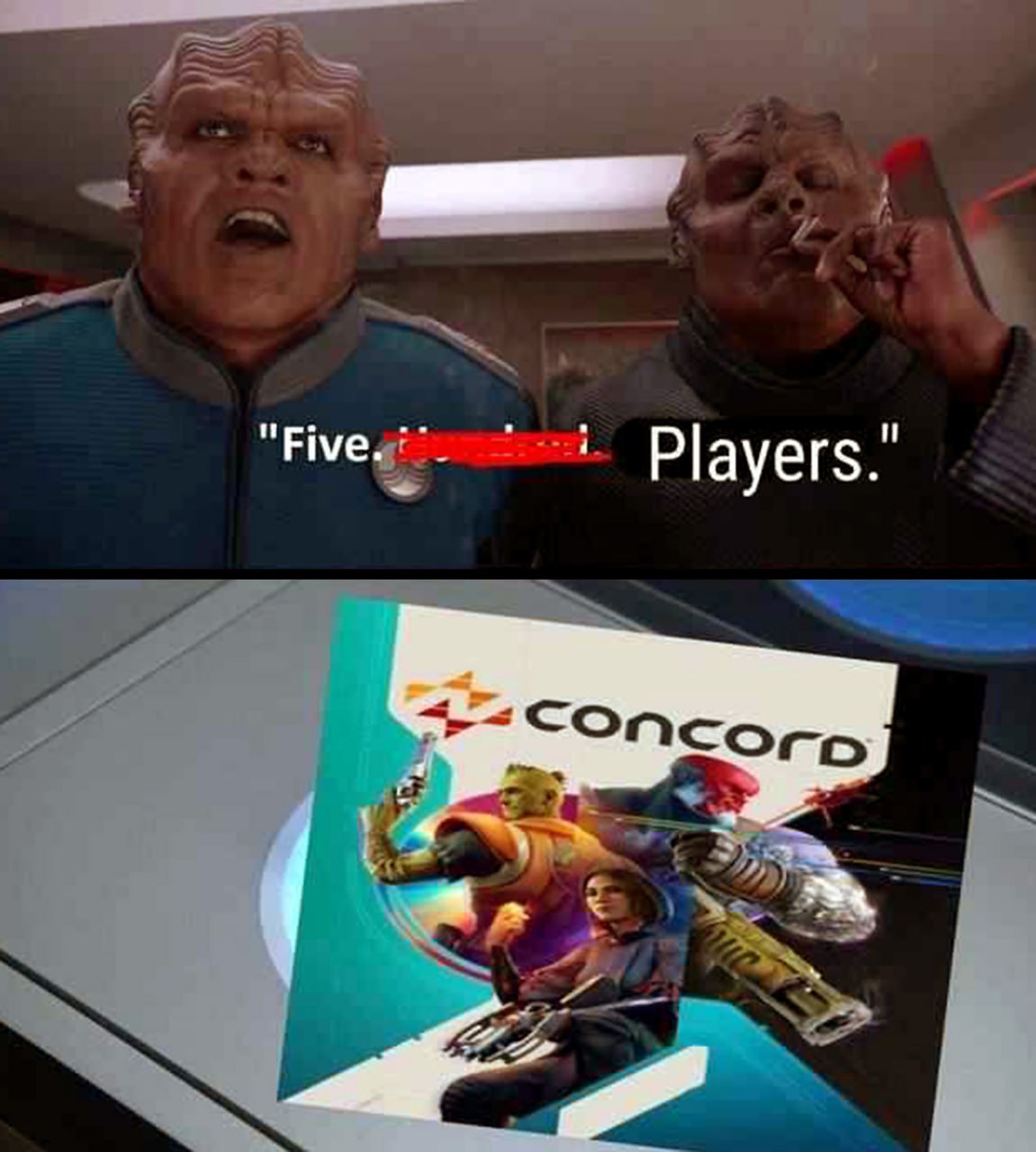 Five Players Мем с персонажами из "Орвилла" и игрой Concord, где говорится "Five. Players."