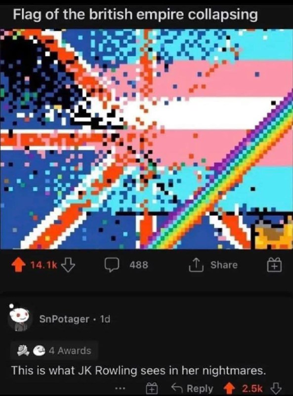 Flag of the british empire collapsing Мем с флагом Британской империи, распадающимся на трансгендерный флаг и радугу, с комментарием про Дж. К. Роулинг.