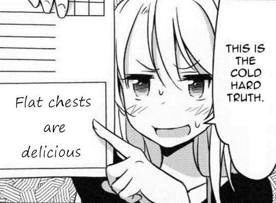Девушка из манги указывает на надпись «Flat chests are delicious» и называет это суровой правдой.