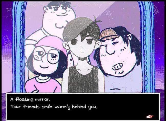 A floating mirror. Your friends smile warmly behind you Мем с Омори и его друзьями в зеркале, где друзья "тепло улыбаются"