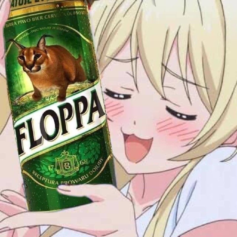 Пиво Floppa Аниме-девушка обнимает банку пива с каракалом Floppa.