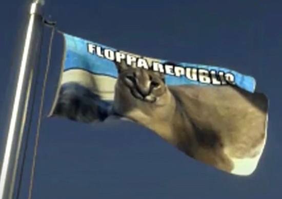 Флаг Республики Флоппы Флаг Республики Флоппы с изображением каракала Флоппы, развевающийся на ветру
