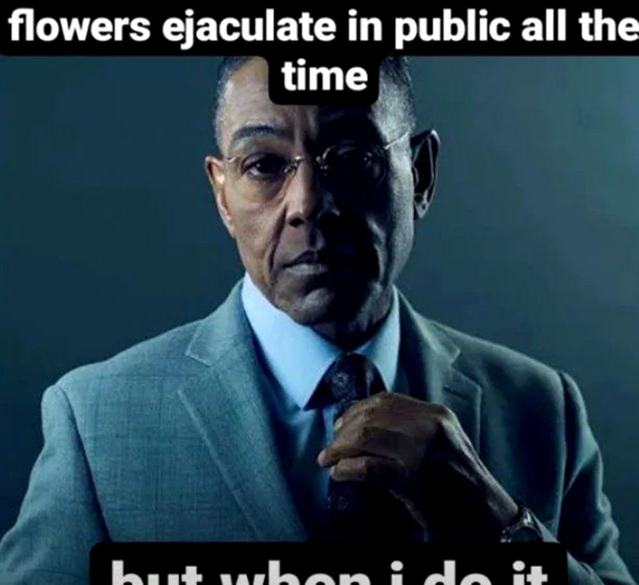 Flowers ejaculate in public all the time but when i do it Мужчина в очках, похожий на Густаво Фринга из сериала «Во все тяжкие», на тёмном фоне, с надписью: «Цветы эякулируют на публике всё время, но когда я это делаю...»