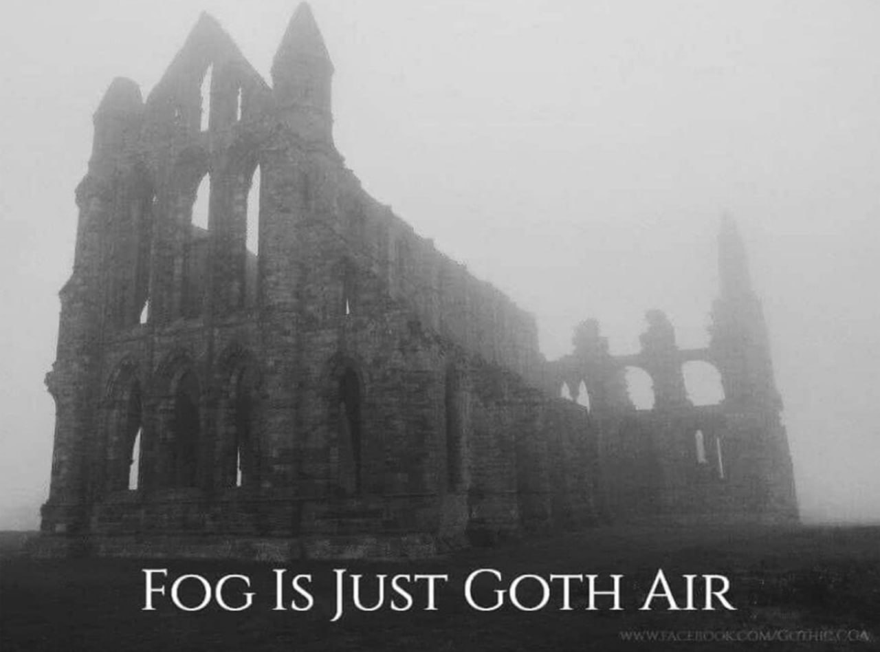 Fog is just goth air Мем с готическим зданием в тумане и надписью "Fog is just goth air"