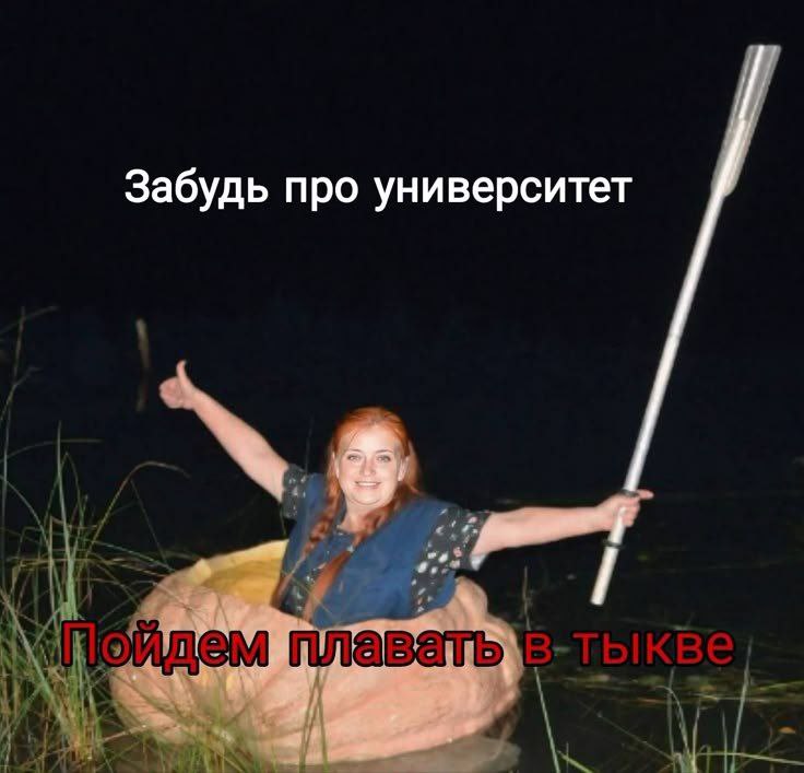 Женщина плывет в тыкве с веслом, предлагая забыть про университет