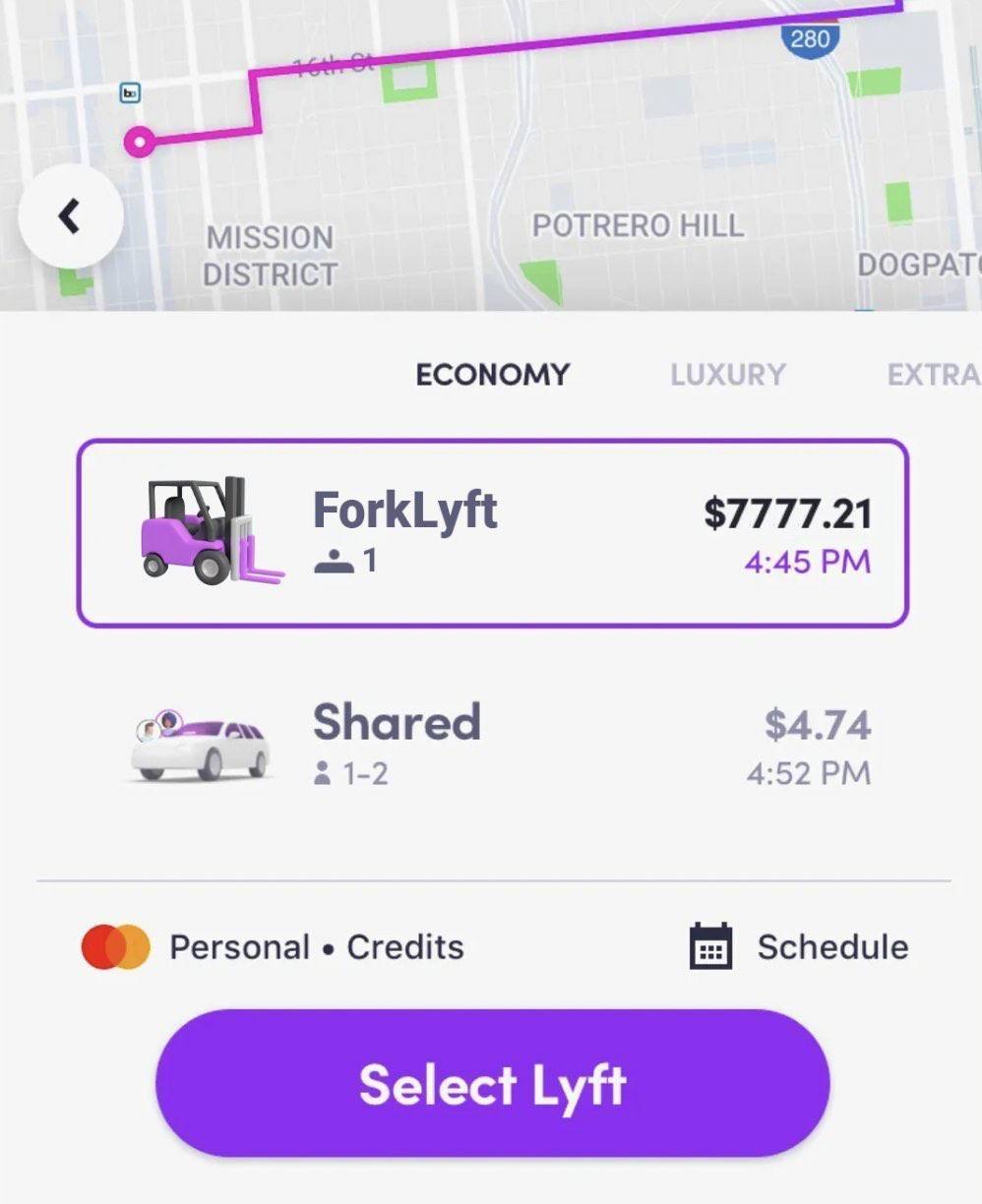 ForkLyft Мем с опцией ForkLyft в приложении Lyft за 7777 долларов
