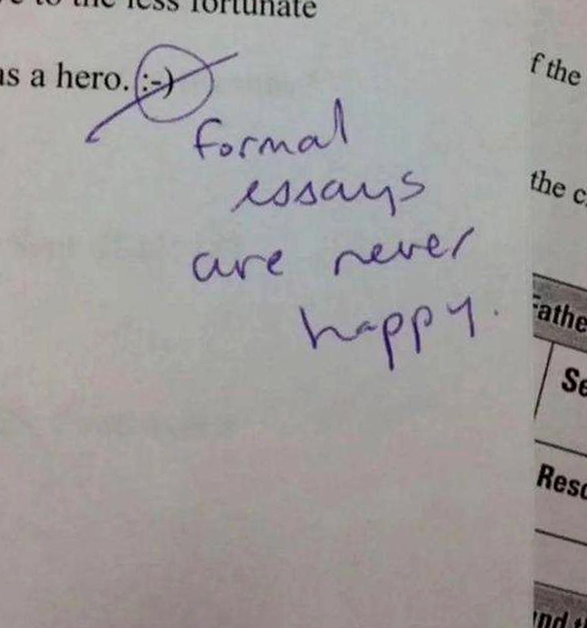 Formal essays are never happy Учитель перечеркнул смайлик в эссе и написал «Формальные эссе никогда не бывают радостными»