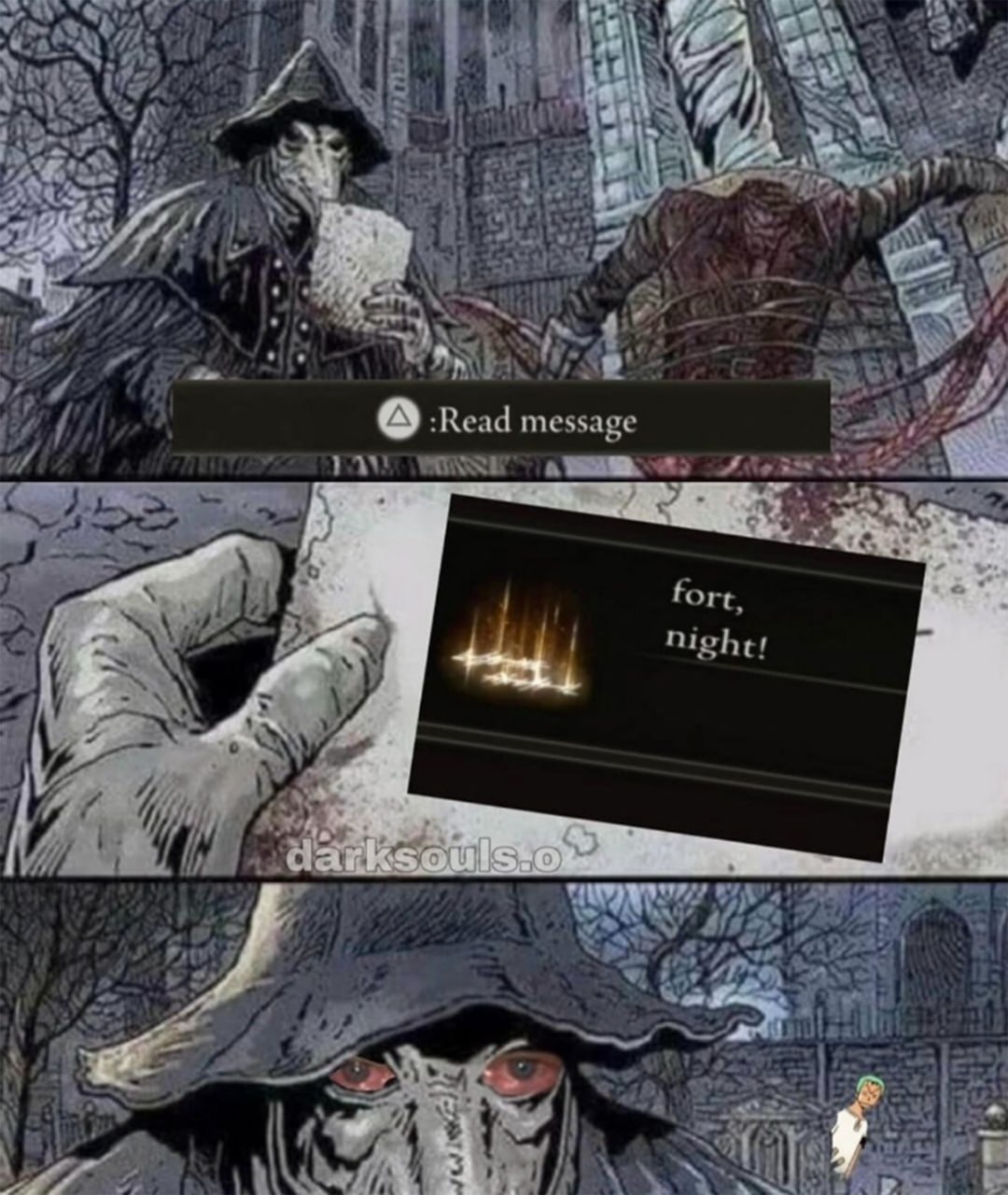 Fort, night! Dark Souls Персонаж Dark Souls читает сообщение "Fort, night!"